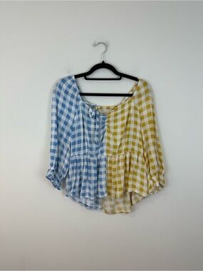 Cato Two-Tone Blue and Yellow Gingham Peplum Blouse Tie Back Size XL Women's